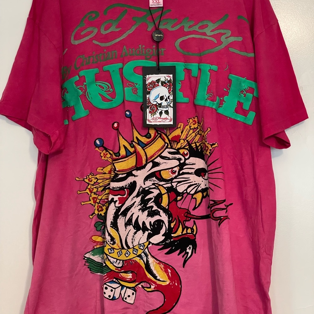 Ed Hardy Fuchsia and Green Graphic Tee